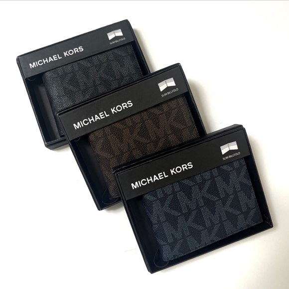 NWT 3pc MICHAEL KORS Slim Billfold Wallet Set Black Gray / Brown Navy Logo Boxed - Picture 1 of 16